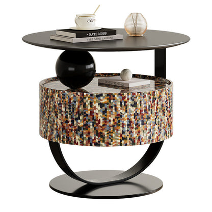 Modern Luxury Round Solid Wood Multi-Layer Board Nightstand 1-Drawer For Bedroom