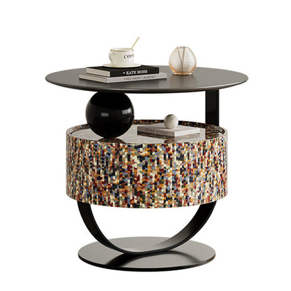 Modern Luxury Round Solid Wood Multi-Layer Board Nightstand 1-Drawer For Bedroom