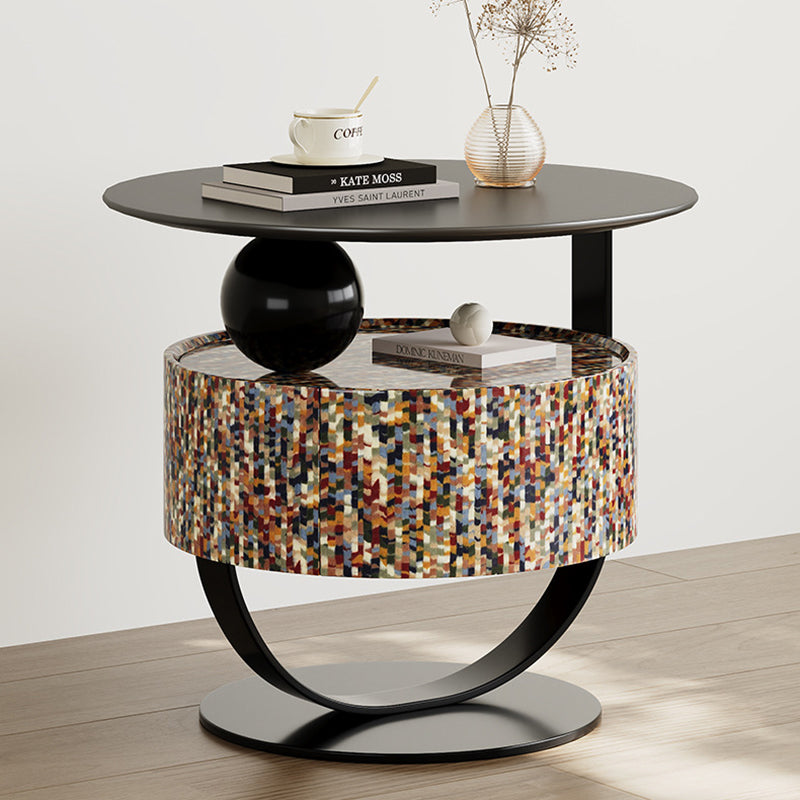 Modern Luxury Round Solid Wood Multi-Layer Board Nightstand 1-Drawer For Bedroom