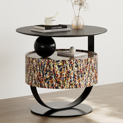 Modern Luxury Round Solid Wood Multi-Layer Board Nightstand 1-Drawer For Bedroom