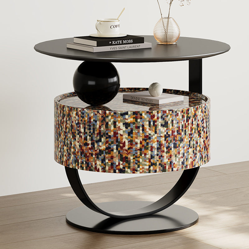 Modern Luxury Round Solid Wood Multi-Layer Board Nightstand 1-Drawer For Bedroom