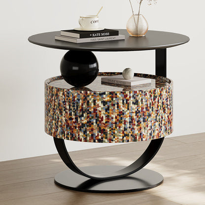 Modern Luxury Round Solid Wood Multi-Layer Board Nightstand 1-Drawer For Bedroom
