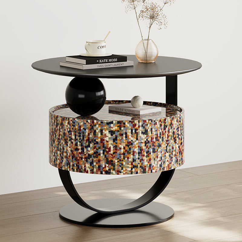 Modern Luxury Round Solid Wood Multi-Layer Board Nightstand 1-Drawer For Bedroom
