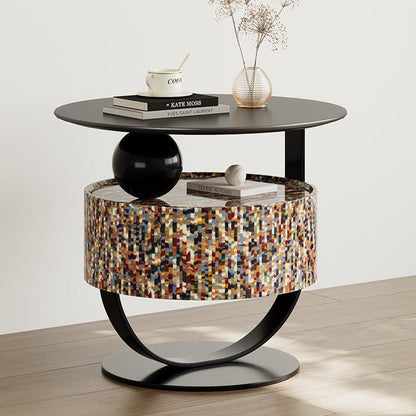 Modern Luxury Round Solid Wood Multi-Layer Board Nightstand 1-Drawer For Bedroom