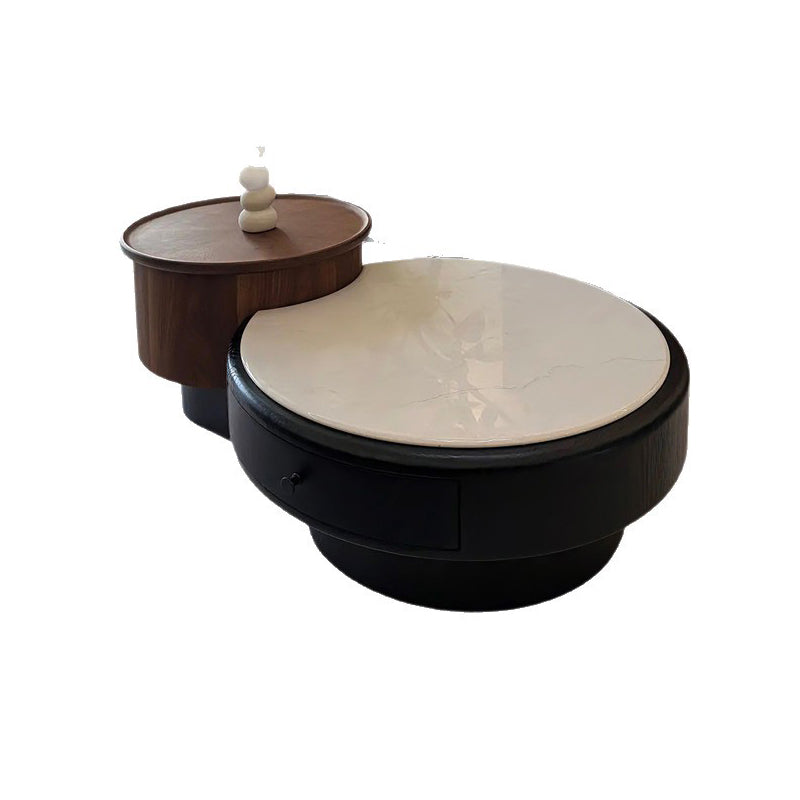 Modern Luxury Round Microcrystalline Stone Medium Density Fiberboard Solid Wood Coffee Table 1-Drawer 1-Cabinet For Living Room