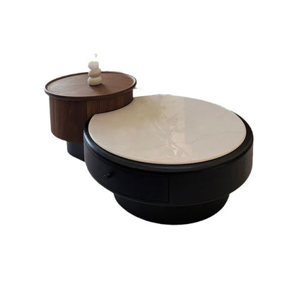 Modern Luxury Round Microcrystalline Stone Medium Density Fiberboard Solid Wood Coffee Table 1-Drawer 1-Cabinet For Living Room