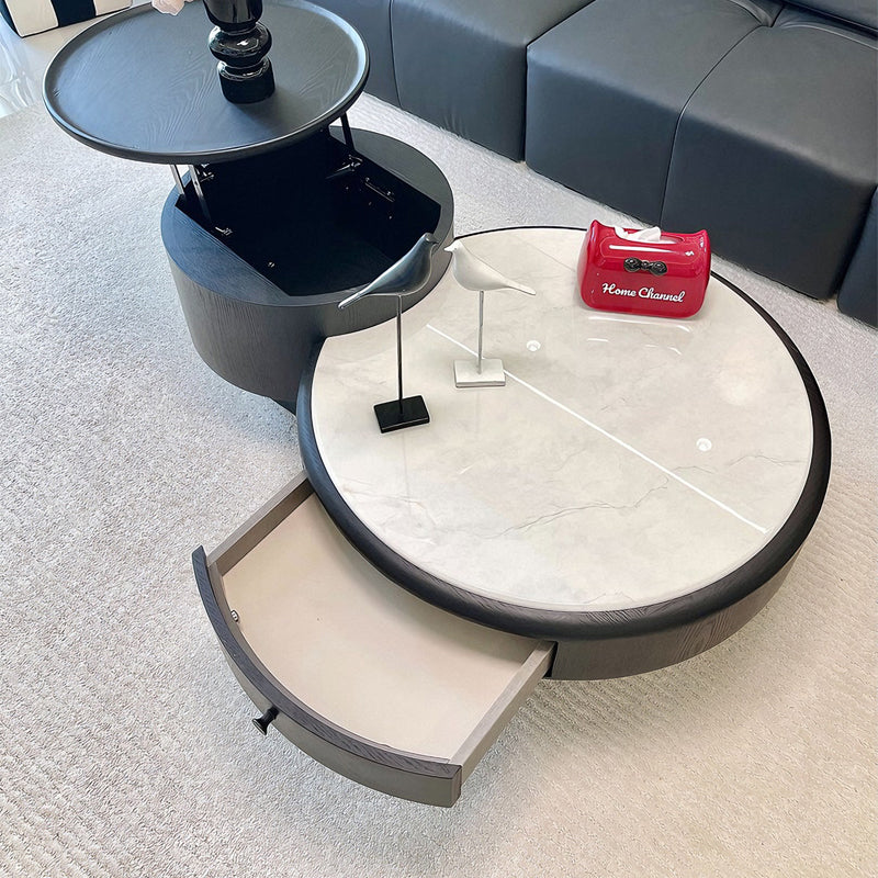 Modern Luxury Round Microcrystalline Stone Medium Density Fiberboard Solid Wood Coffee Table 1-Drawer 1-Cabinet For Living Room