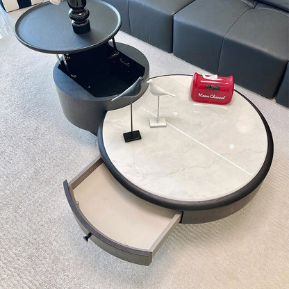 Modern Luxury Round Microcrystalline Stone Medium Density Fiberboard Solid Wood Coffee Table 1-Drawer 1-Cabinet For Living Room