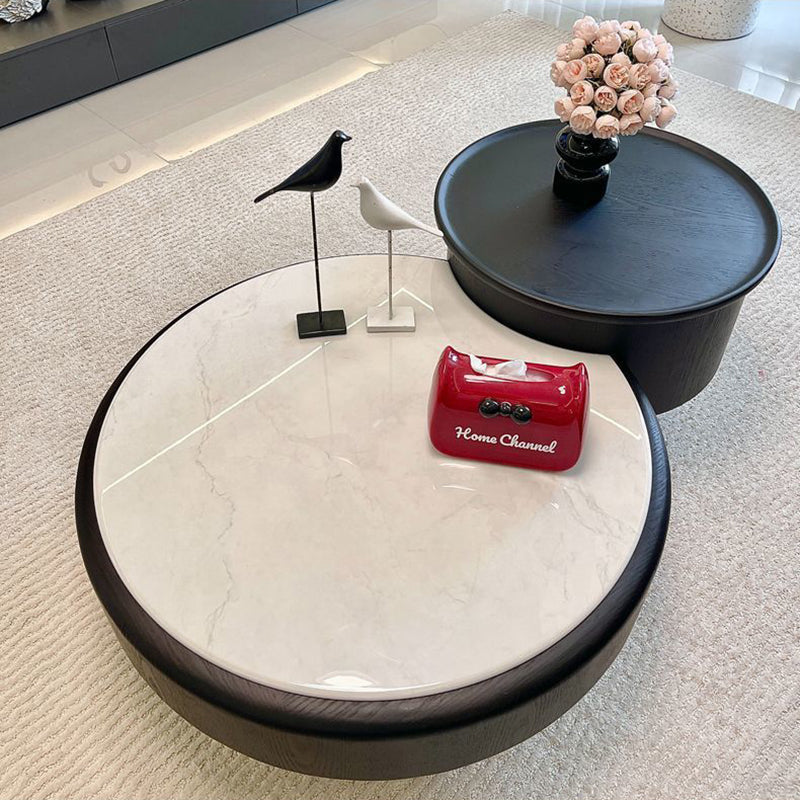 Modern Luxury Round Microcrystalline Stone Medium Density Fiberboard Solid Wood Coffee Table 1-Drawer 1-Cabinet For Living Room