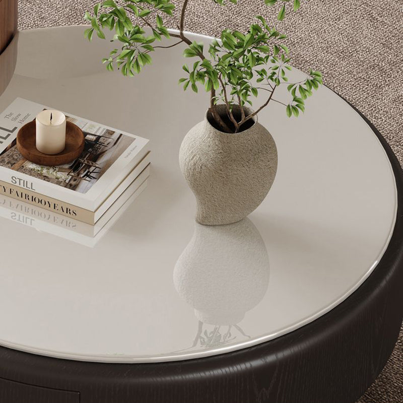 Modern Luxury Round Microcrystalline Stone Medium Density Fiberboard Solid Wood Coffee Table 1-Drawer 1-Cabinet For Living Room