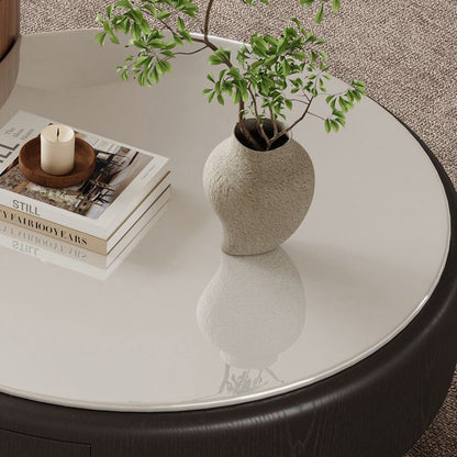 Modern Luxury Round Microcrystalline Stone Medium Density Fiberboard Solid Wood Coffee Table 1-Drawer 1-Cabinet For Living Room