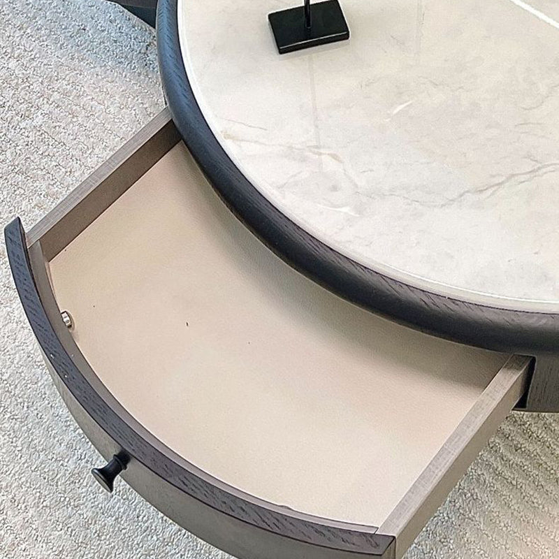 Modern Luxury Round Microcrystalline Stone Medium Density Fiberboard Solid Wood Coffee Table 1-Drawer 1-Cabinet For Living Room