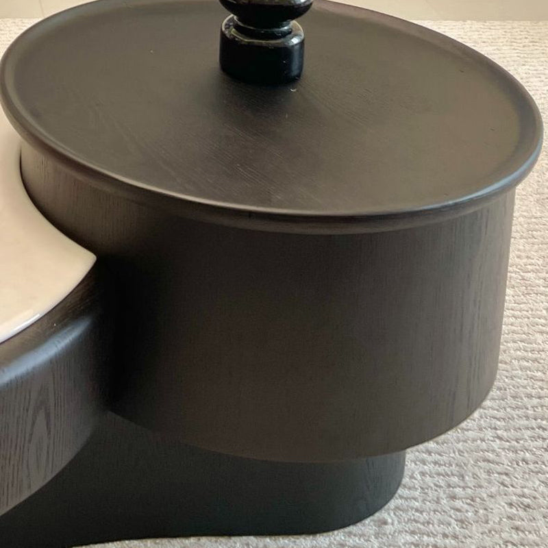 Modern Luxury Round Microcrystalline Stone Medium Density Fiberboard Solid Wood Coffee Table 1-Drawer 1-Cabinet For Living Room