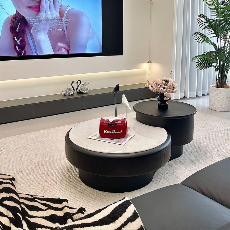 Modern Luxury Round Microcrystalline Stone Medium Density Fiberboard Solid Wood Coffee Table 1-Drawer 1-Cabinet For Living Room