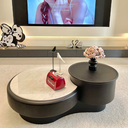 Modern Luxury Round Microcrystalline Stone Medium Density Fiberboard Solid Wood Coffee Table 1-Drawer 1-Cabinet For Living Room
