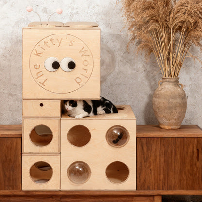 Modern Minimalist Square Solid Wood Multi-Layer Board Acrylic Cat Tree For Living Room