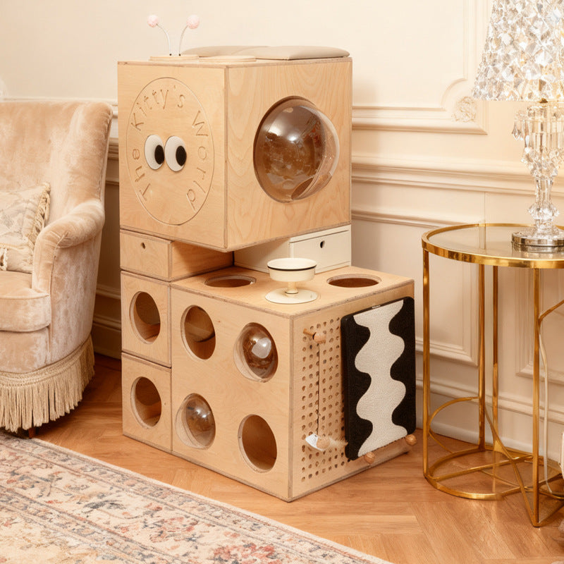 Modern Minimalist Square Solid Wood Multi-Layer Board Acrylic Cat Tree For Living Room
