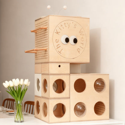 Modern Minimalist Square Solid Wood Multi-Layer Board Acrylic Cat Tree For Living Room