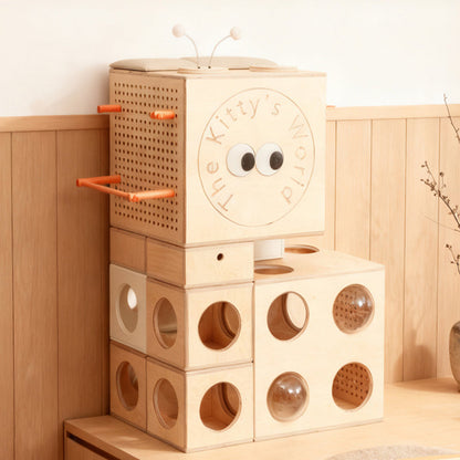 Modern Minimalist Square Solid Wood Multi-Layer Board Acrylic Cat Tree For Living Room