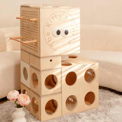 Modern Minimalist Square Solid Wood Multi-Layer Board Acrylic Cat Tree For Living Room