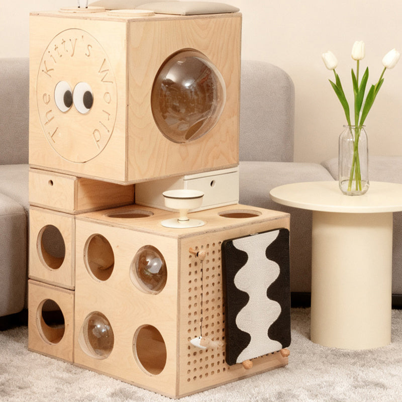 Modern Minimalist Square Solid Wood Multi-Layer Board Acrylic Cat Tree For Living Room