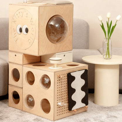 Modern Minimalist Square Solid Wood Multi-Layer Board Acrylic Cat Tree For Living Room