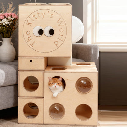Modern Minimalist Square Solid Wood Multi-Layer Board Acrylic Cat Tree For Living Room