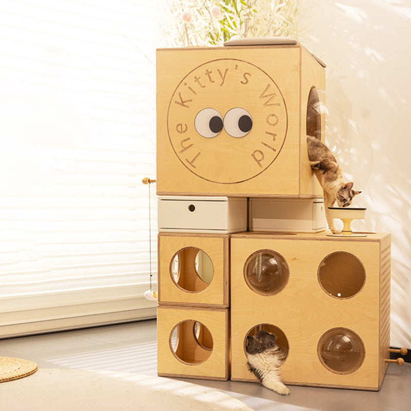Modern Minimalist Square Solid Wood Multi-Layer Board Acrylic Cat Tree For Living Room