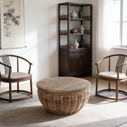 Traditional Vintage Round Rattan Coffee Table - Solid Wood: Hand-Woven, Rustic Charm, Durable Craftsmanship & Timeless Aesthetic For Living Room & Veranda