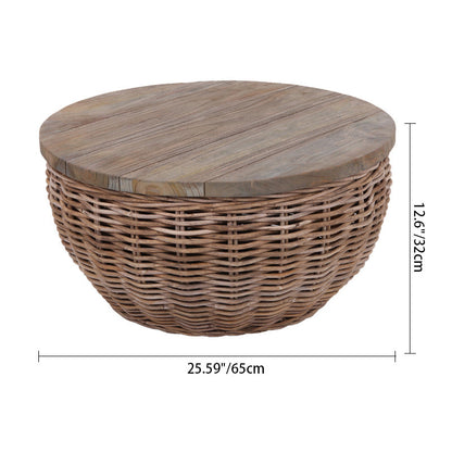 Traditional Vintage Round Rattan Coffee Table - Solid Wood: Hand-Woven, Rustic Charm, Durable Craftsmanship & Timeless Aesthetic For Living Room & Veranda