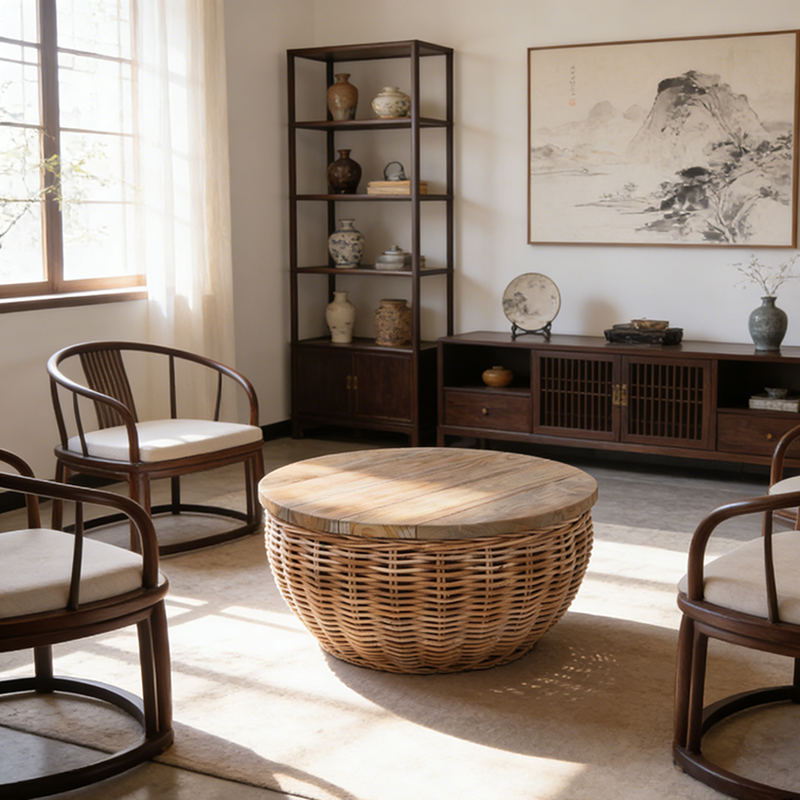 Traditional Vintage Round Rattan Coffee Table - Solid Wood: Hand-Woven, Rustic Charm, Durable Craftsmanship & Timeless Aesthetic For Living Room & Veranda