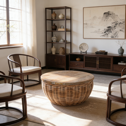 Traditional Vintage Round Rattan Coffee Table - Solid Wood: Hand-Woven, Rustic Charm, Durable Craftsmanship & Timeless Aesthetic For Living Room & Veranda