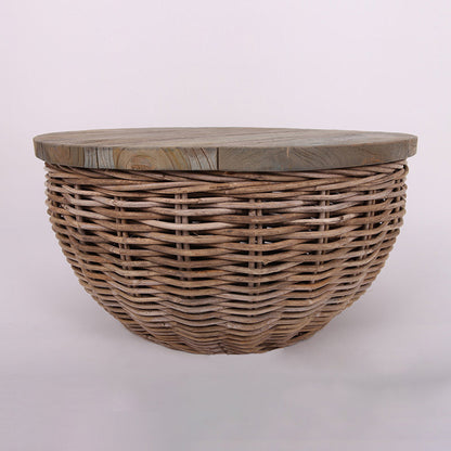 Traditional Vintage Round Rattan Coffee Table - Solid Wood: Hand-Woven, Rustic Charm, Durable Craftsmanship & Timeless Aesthetic For Living Room & Veranda