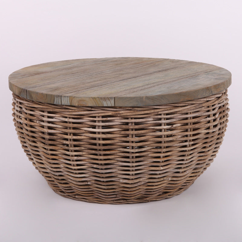 Traditional Vintage Round Rattan Coffee Table - Solid Wood: Hand-Woven, Rustic Charm, Durable Craftsmanship & Timeless Aesthetic For Living Room & Veranda