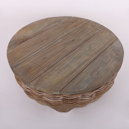 Traditional Vintage Round Rattan Coffee Table - Solid Wood: Hand-Woven, Rustic Charm, Durable Craftsmanship & Timeless Aesthetic For Living Room & Veranda