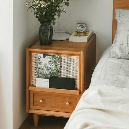 Traditional Vintage Rectangular Solid Wood Multi-Layer Board Solid Wood Genuine Rattan Nightstand 2-Drawer 4-Leg For Bedroom