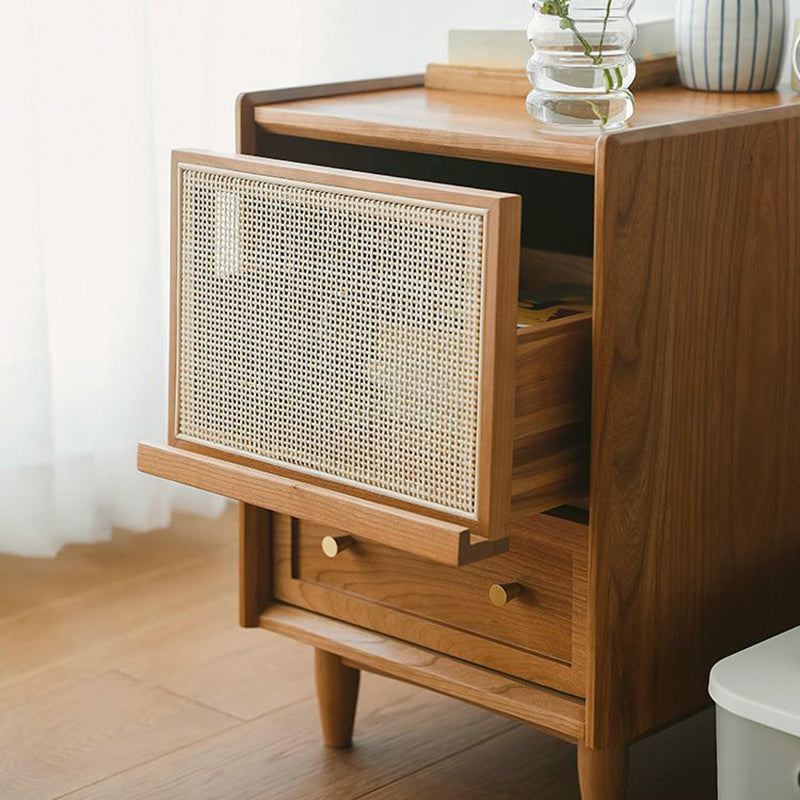 Traditional Vintage Rectangular Solid Wood Multi-Layer Board Solid Wood Genuine Rattan Nightstand 2-Drawer 4-Leg For Bedroom