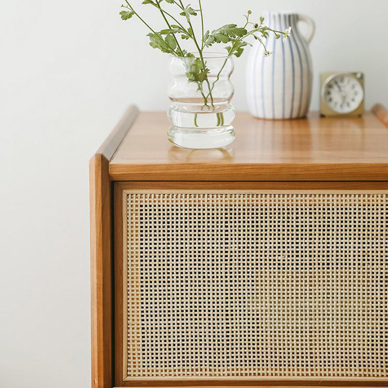 Traditional Vintage Rectangular Solid Wood Multi-Layer Board Solid Wood Genuine Rattan Nightstand 2-Drawer 4-Leg For Bedroom
