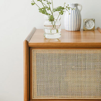 Traditional Vintage Rectangular Solid Wood Multi-Layer Board Solid Wood Genuine Rattan Nightstand 2-Drawer 4-Leg For Bedroom
