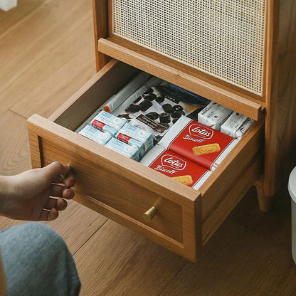 Traditional Vintage Rectangular Solid Wood Multi-Layer Board Solid Wood Genuine Rattan Nightstand 2-Drawer 4-Leg For Bedroom