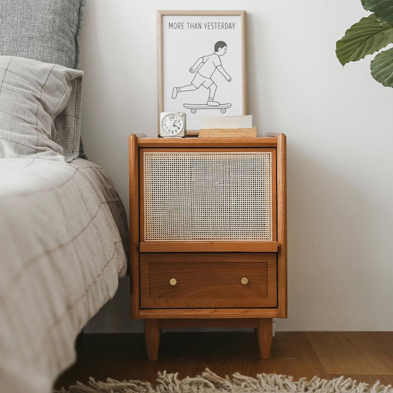 Traditional Vintage Rectangular Solid Wood Multi-Layer Board Solid Wood Genuine Rattan Nightstand 2-Drawer 4-Leg For Bedroom