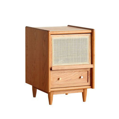 Traditional Vintage Rectangular Solid Wood Multi-Layer Board Solid Wood Genuine Rattan Nightstand 2-Drawer 4-Leg For Bedroom