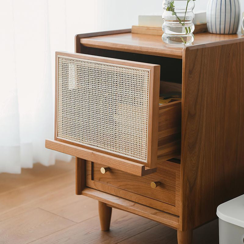 Traditional Vintage Rectangular Solid Wood Multi-Layer Board Solid Wood Genuine Rattan Nightstand 2-Drawer 4-Leg For Bedroom