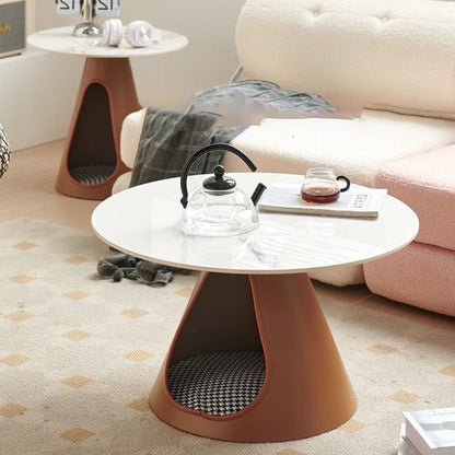 Modern Minimalist Round Stone Slab Iron Coffee Table 2-Tier For Living Room