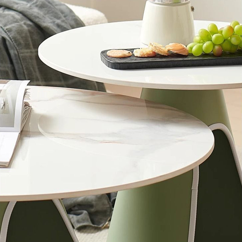 Modern Minimalist Round Stone Slab Iron Coffee Table 2-Tier For Living Room