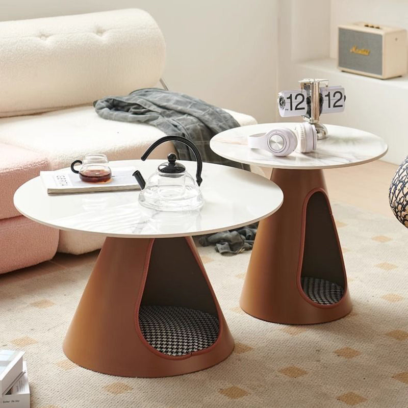 Modern Minimalist Round Stone Slab Iron Coffee Table 2-Tier For Living Room
