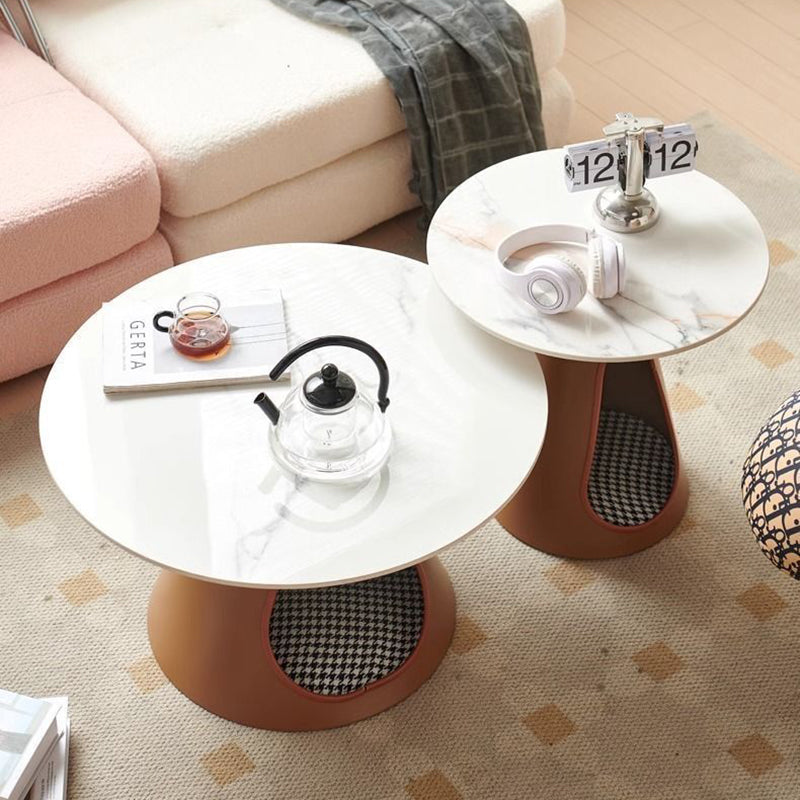 Modern Minimalist Round Stone Slab Iron Coffee Table 2-Tier For Living Room
