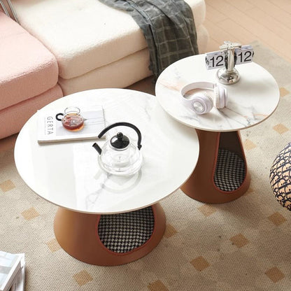 Modern Minimalist Round Stone Slab Iron Coffee Table 2-Tier For Living Room