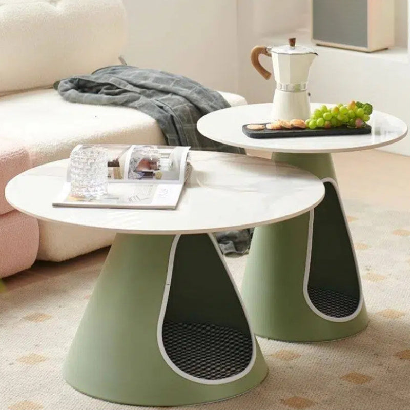 Modern Minimalist Round Stone Slab Iron Coffee Table 2-Tier For Living Room