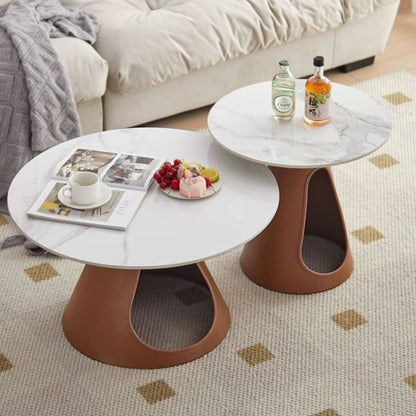 Modern Minimalist Round Stone Slab Iron Coffee Table 2-Tier For Living Room